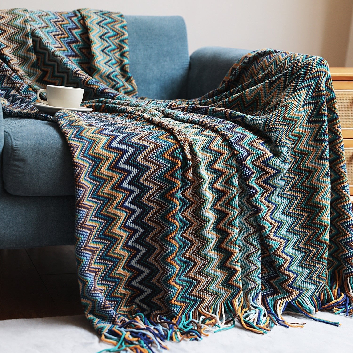 Handwoven Boho Chevron Coverlet in Earthy Colors – Soft and Stylish Bedspread - Image 4