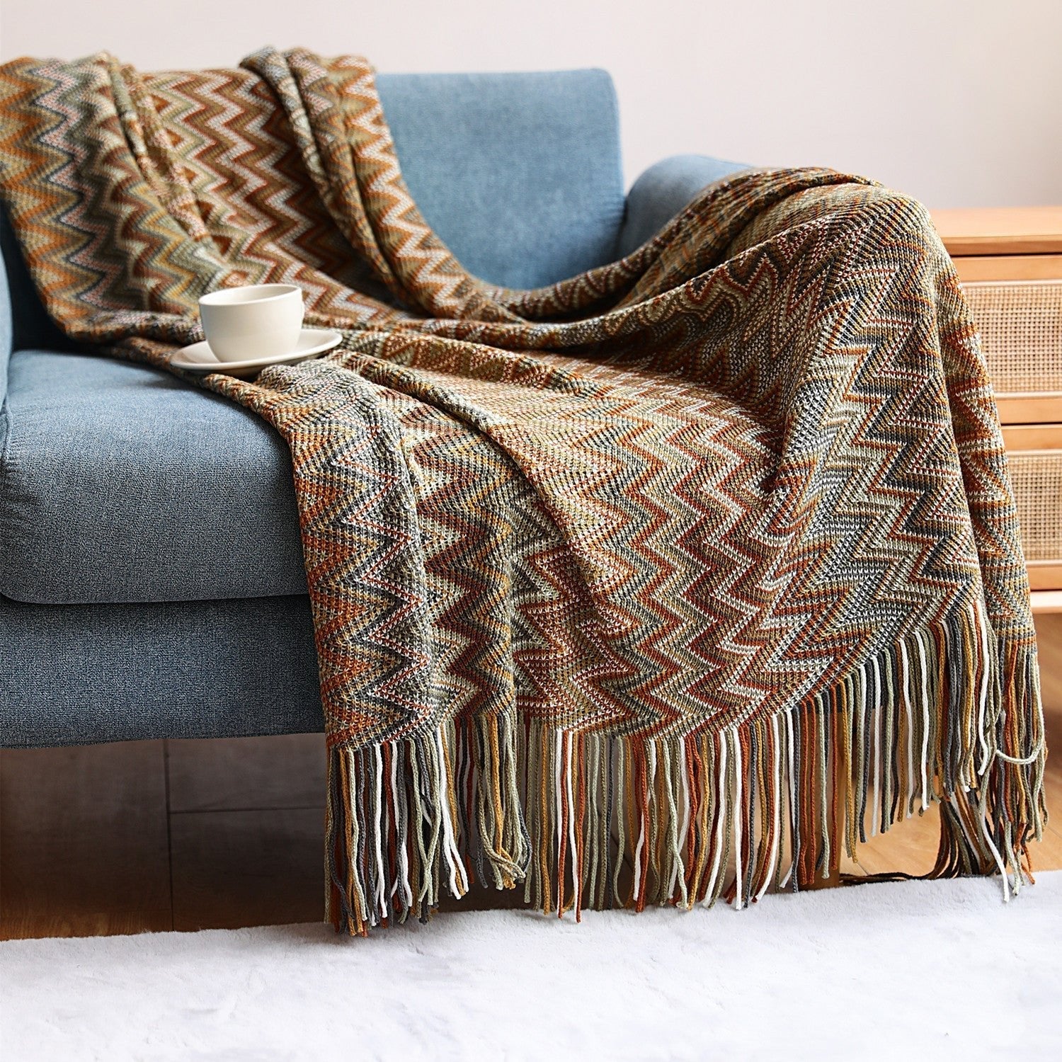 Handwoven Boho Chevron Coverlet in Earthy Colors – Soft and Stylish Bedspread - Image 6