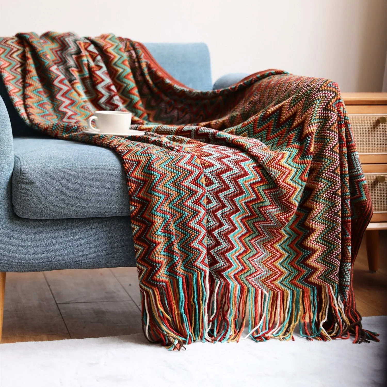 Handwoven Boho Chevron Coverlet in Earthy Colors – Soft and Stylish Bedspread - Image 9